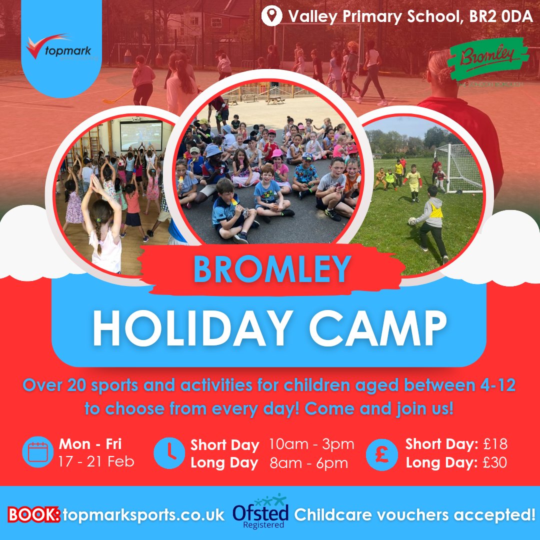 TopmarkSports's tweet image. Come and join us this February half-term for our Holiday Club at Valley Primary! 

🗓 17 - 21 February
‼️ Huge variety of sports and activities to choose from! 
✅ Ofsted registered! Pay with childcare vouchers!

Book today: topmarksports.co.uk

#TOPMARK #BROMLEY