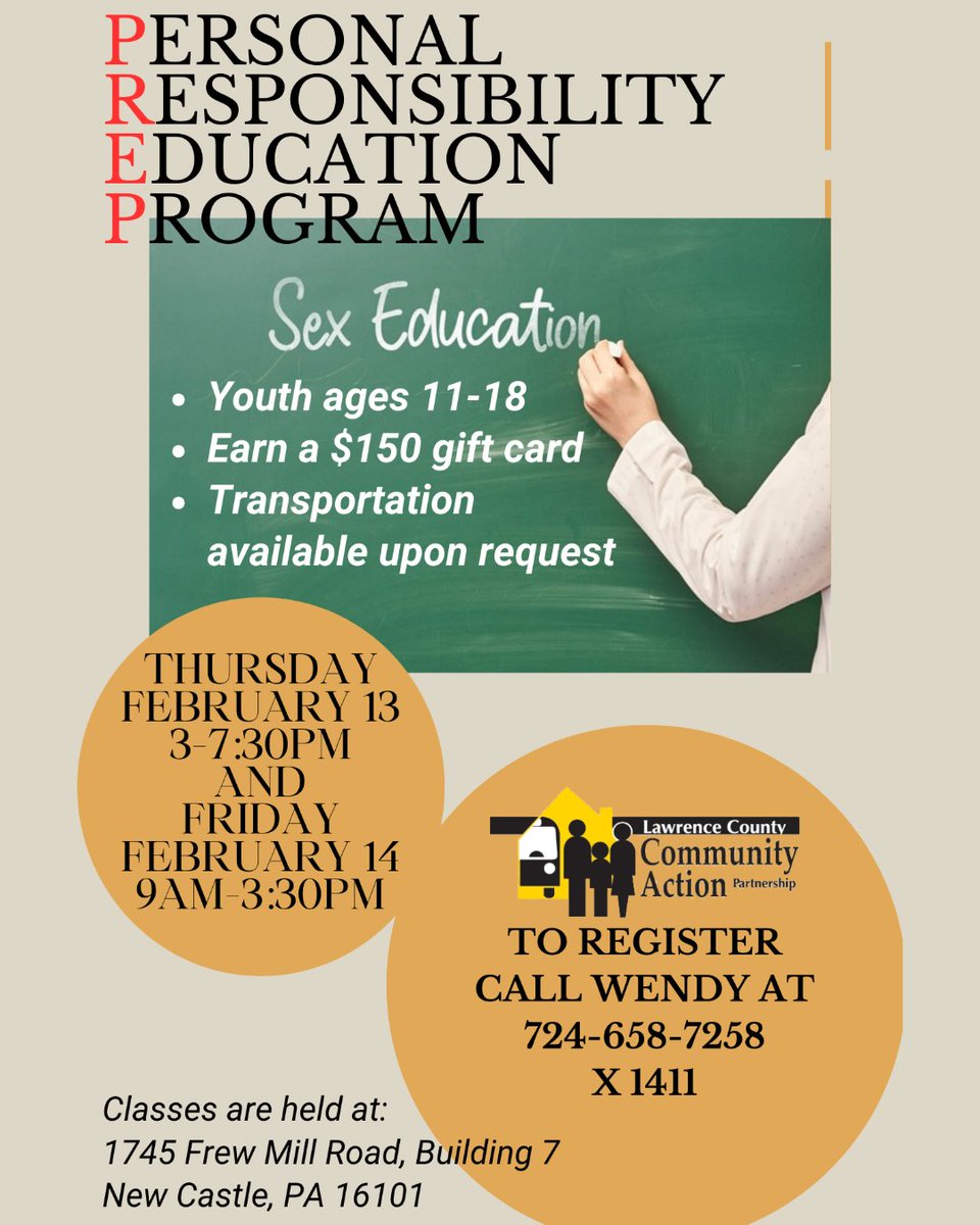 LawCountyCAP's tweet photo. Youth ages 11-18 are invited to participate in the Personal Responsibility Education Program (PREP). Attend both sessions to earn a $150 gift card!

To register, call Wendy at 724-658-7258 x1411
#PREPProgram #YouthEducation #SexEducation #LawrenceCountyPa https://t.co/lHCN5XBq66