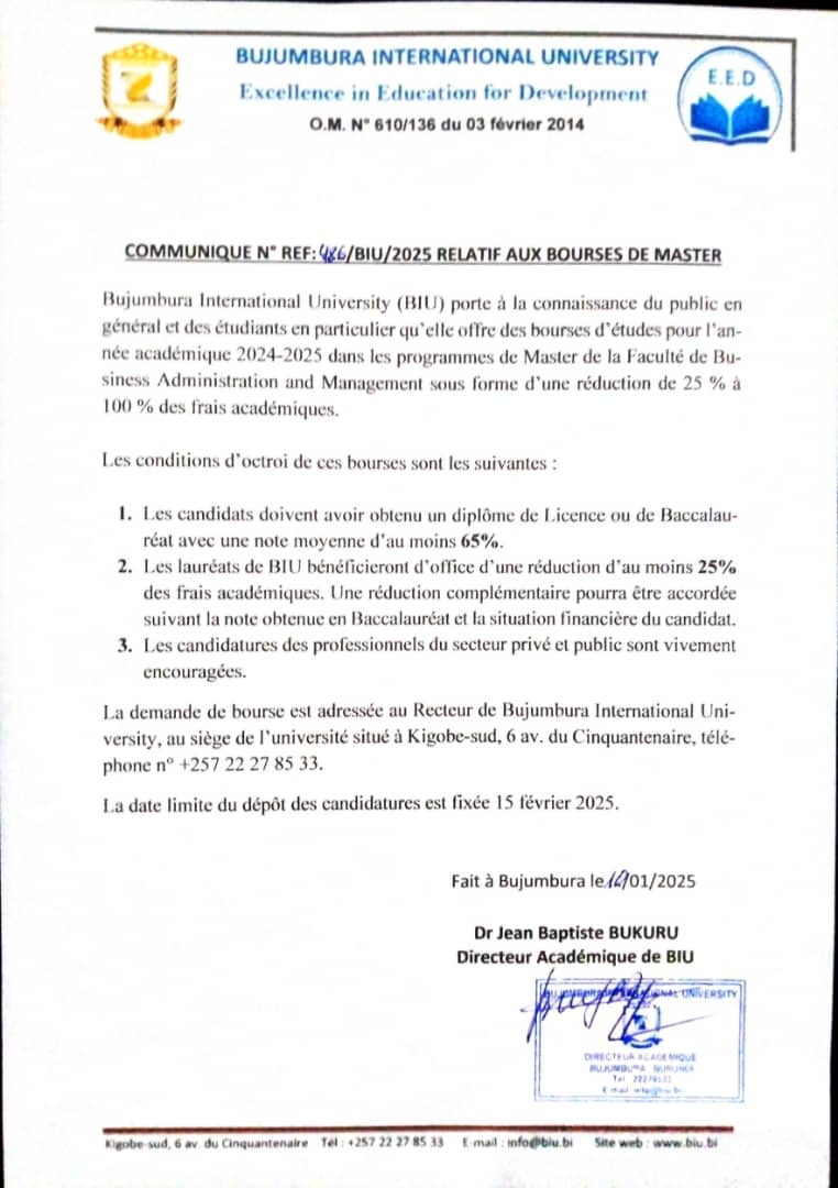 BIUBurundi's tweet photo. @BIUBurundi  offre de bourses pour les étudiants du programme de #Master
‼️La date limite du dépôt des candidatures est fixée le 15 janvier 2025 https://t.co/wRJfQH0LkZ