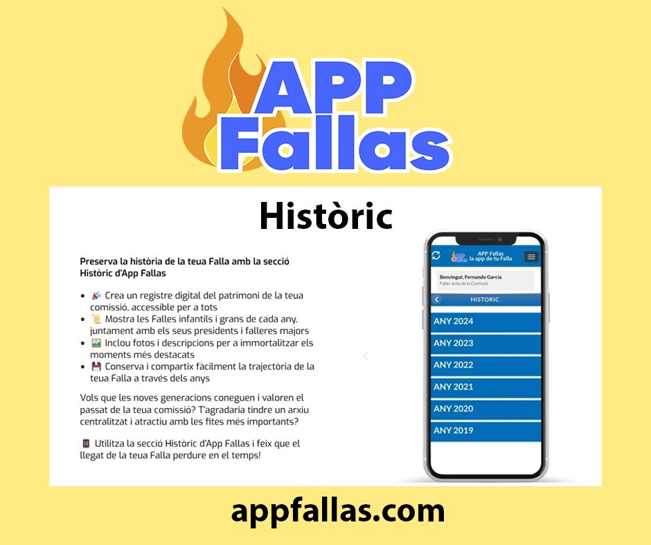 app_fallas's tweet image. Preserva la història de la teua Falla amb la secció Històric d’App Fallas.

#FallasDeValencia #ViveLasFallas #Fallas