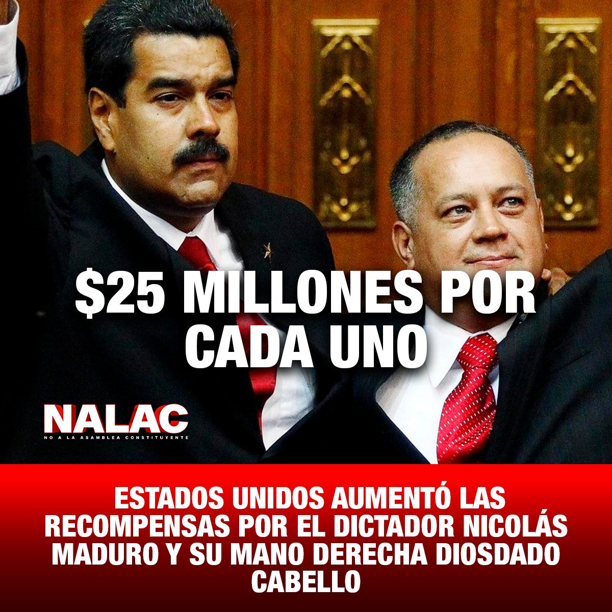 ¡Justicia en marcha!🚨 Estados Unidos eleva las recompensas a $25 millones por el dictador asesino Nicolás Maduro y su cómplice Diosdado Cabello. La caída del régimen está cada vez más cerca.🚨 ¡El dictador va a caer!🚨