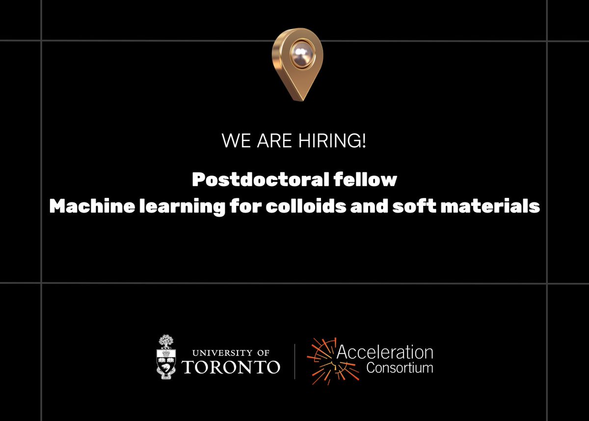 Acceleration Consortium (AC) (@acceleration_c) on Twitter photo We're #hiring! The AC's self-driving lab for formulations is looking for a postdoc to join their team immediately! Based <a href="/UofT/">University of Toronto</a>, this position will focus on machine learning for colloids and soft materials. To learn more and apply now, visit bit.ly/3DQAJoJ We're #hiring! The AC's self-driving lab for formulations is looking for a postdoc to join their team immediately! Based <a href="/UofT/">University of Toronto</a>, this position will focus on machine learning for colloids and soft materials. To learn more and apply now, visit bit.ly/3DQAJoJ