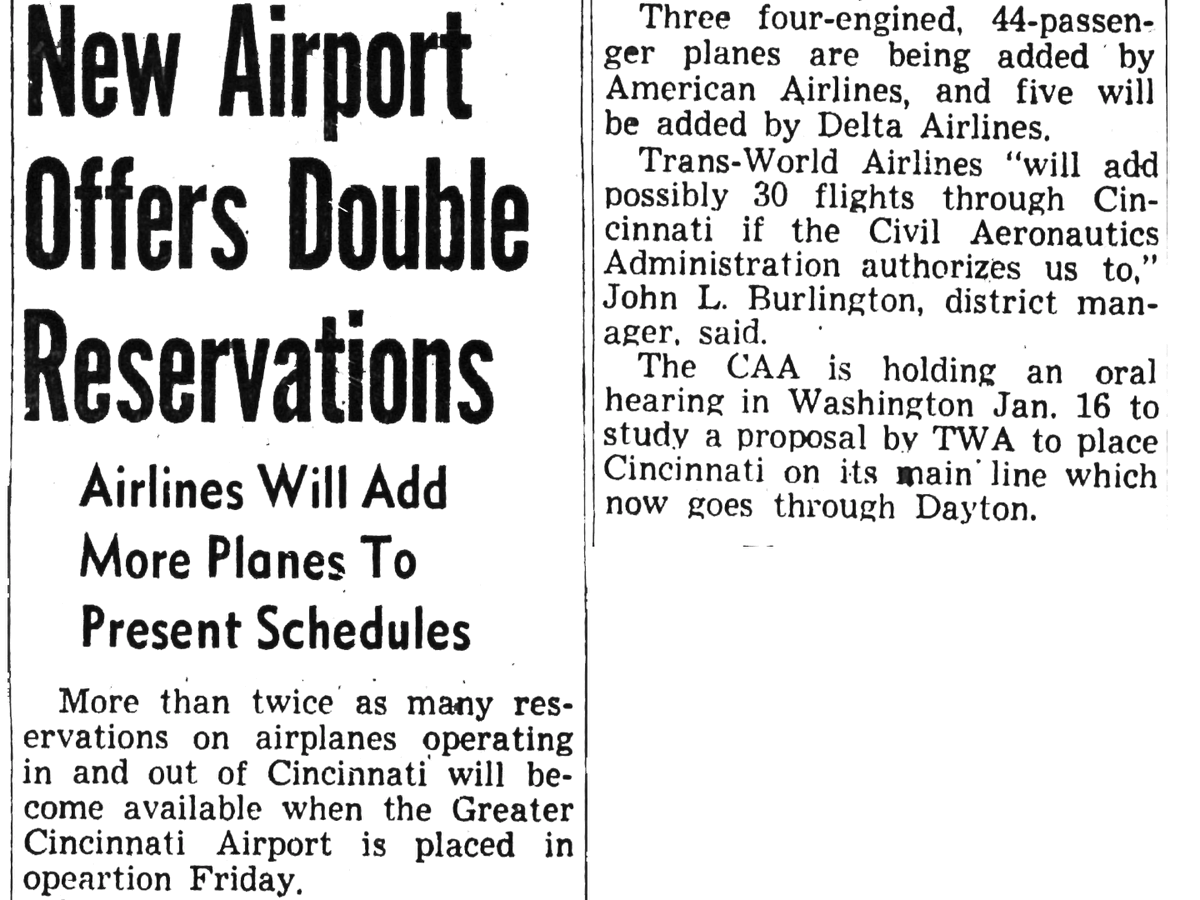 1/10/1947: The first commercial flight, American Airlines DC-3 from Cleveland, lands at CVG. Minutes later, the first Delta Airlines and TWA flights landed. At the time, CVG averaged only 24 flights daily. #cincinnatihistory
