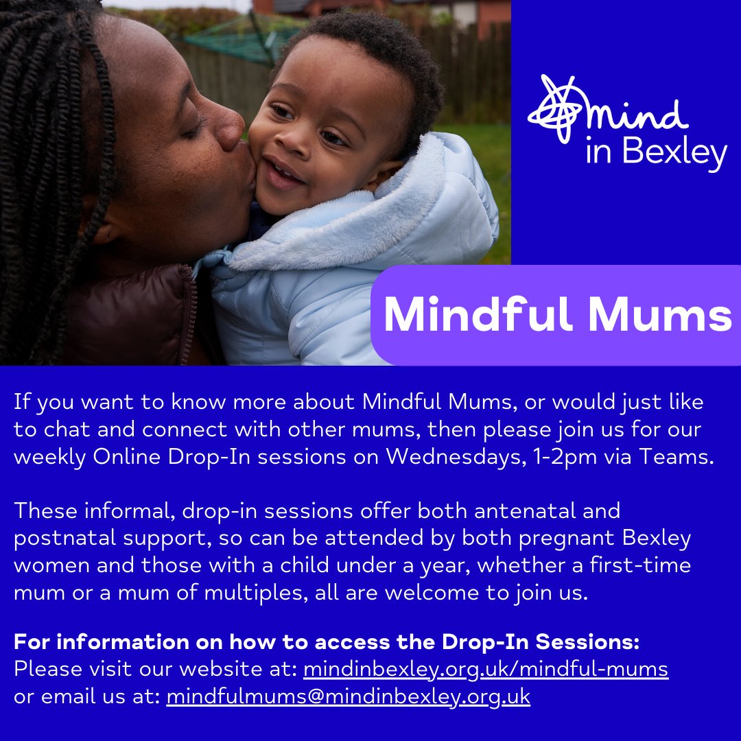 Mind in Bexley (@mindinbexley) on Twitter photo We offer Online Drop-In sessions on Wednesdays (1-2pm).
They are informal sessions that offer both antenatal and postnatal support.
For info on how to join, please visit mindinbexley.org.uk/mindful-mums/ or email: mindfulmums@mindinbexley.org.uk
#bexley #MindfulMums #wellbeing #support We offer Online Drop-In sessions on Wednesdays (1-2pm).
They are informal sessions that offer both antenatal and postnatal support.
For info on how to join, please visit mindinbexley.org.uk/mindful-mums/ or email: mindfulmums@mindinbexley.org.uk
#bexley #MindfulMums #wellbeing #support
