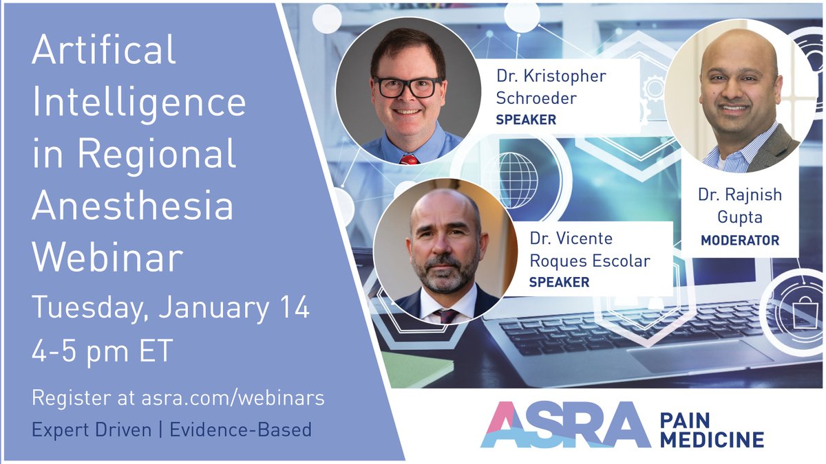 ASRA Pain Medicine (@asra_society) on Twitter photo Explore the role of artificial intelligence in regional anesthesia with us! How is AI shaping the future? How has it already? Tune in on Tuesday, January 14, from 4-5 pm ET, to join the conversation. Register now bit.ly/4h4Dxww #EducationalWebinar #AI #RegionalAnesthesia Explore the role of artificial intelligence in regional anesthesia with us! How is AI shaping the future? How has it already? Tune in on Tuesday, January 14, from 4-5 pm ET, to join the conversation. Register now bit.ly/4h4Dxww #EducationalWebinar #AI #RegionalAnesthesia