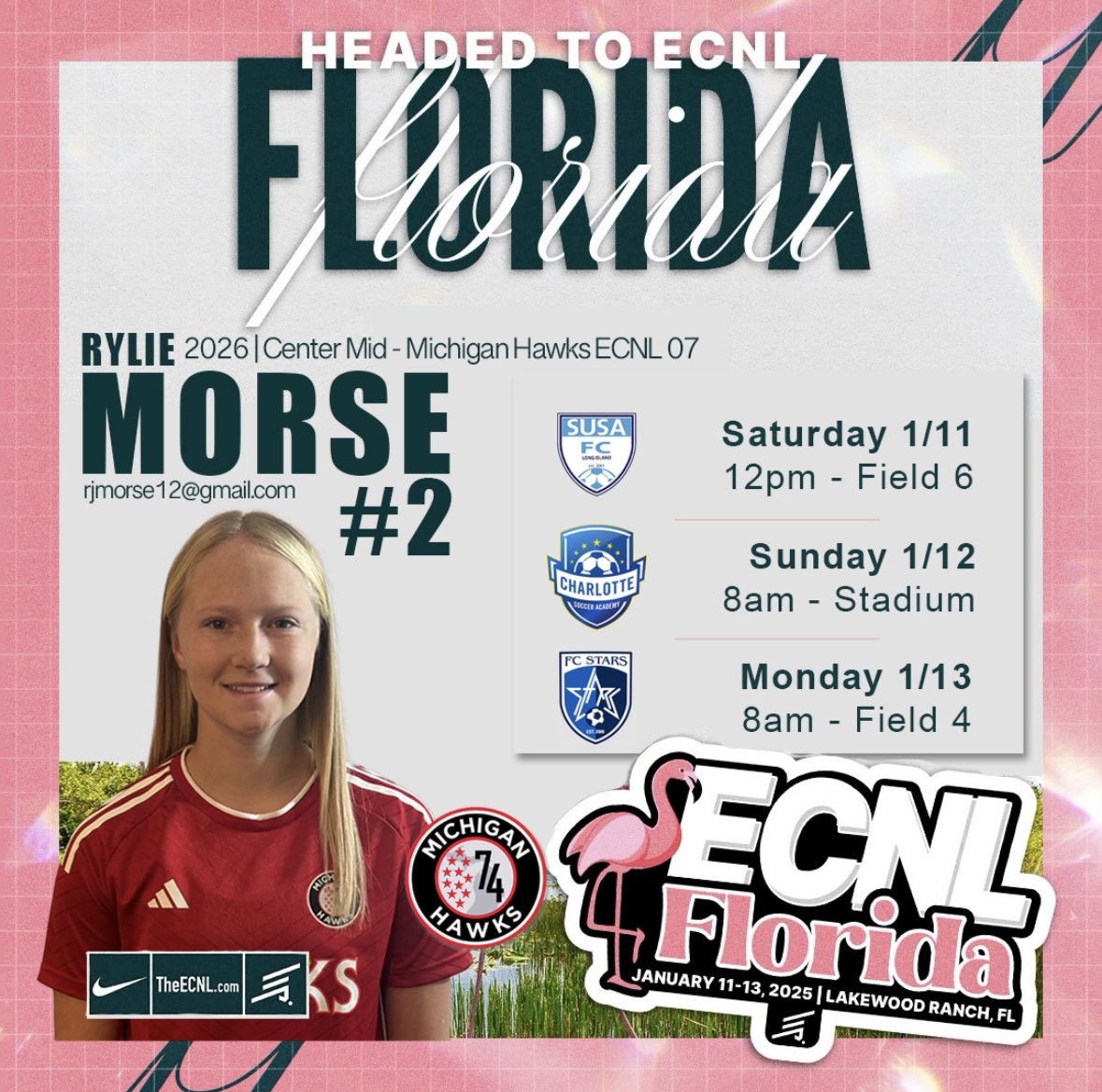 Excited for ECNL Florida! 
<a href="/USYNT/">U.S. Soccer YNT</a> 
<a href="/TopDrawerSoccer/">TopDrawerSoccer</a> 
<a href="/PrepSoccer/">Prep Soccer ⚽️</a> 
<a href="/ImYouthSoccer/">ECNL/GA/Recruiting/College Soccer</a> 
<a href="/MIHawks1974/">Michigan Hawks</a> 
<a href="/TrainBSP/">Black Sheep Performance</a> 
<a href="/ECNLgirls/">ECNL Girls</a> 
<a href="/TexasTechSoccer/">Texas Tech Soccer</a>