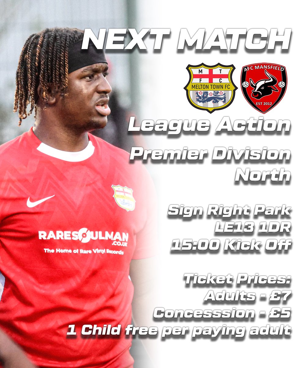 We are back at Sign Right Park tomorrow afternoon against <a href="/AFCMansfield/">AFC Mansfield</a> 

🏆 <a href="/utdcos/">UCL</a> 
📍 LE13 1DR
⏰ 15:00 KO

Ticket prices:
Adults - £7
Concession - £5
Under 16s - free per paying adult!

Come down and support the lads with the #PorkPieArmy