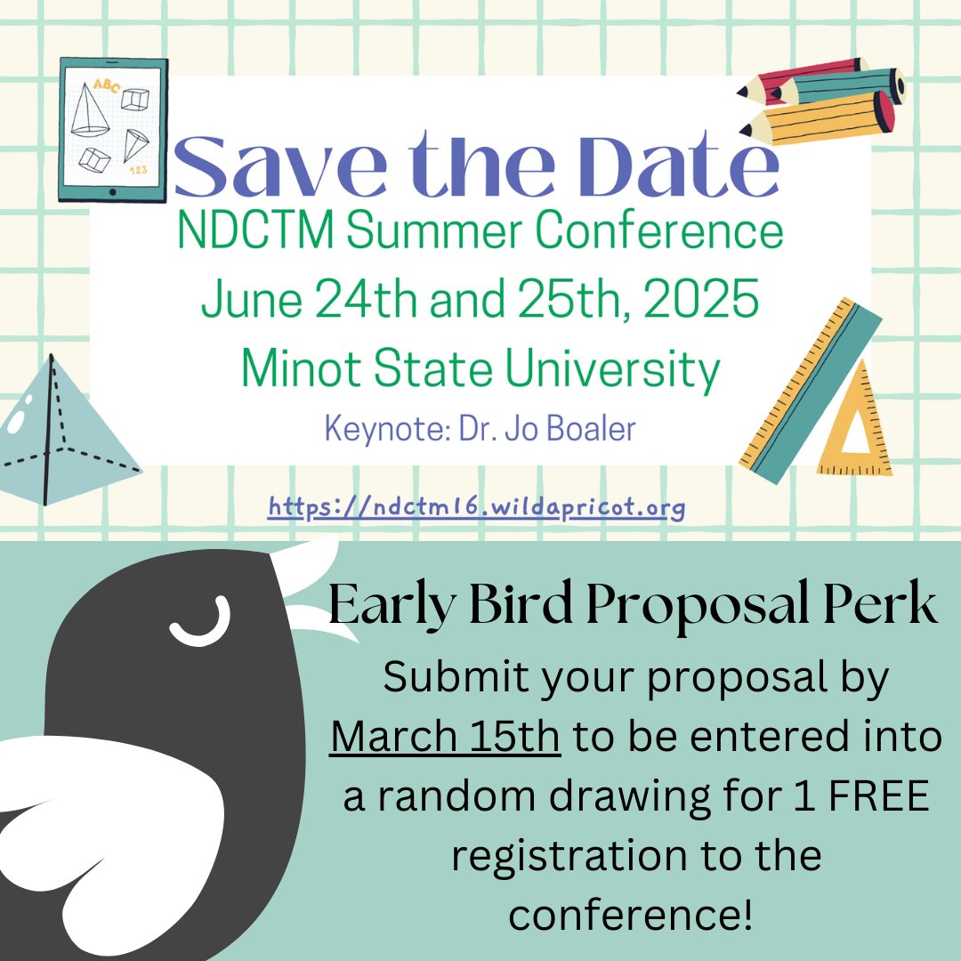 hvenburg's tweet image. 🎉 Calling All Presenters! 🗣️
Submit your proposal by March 15th to be entered into a random drawing for 1 FREE registration to the @NDCTM  conference! 
Don’t miss your chance to share your ideas, inspire others, and join the excitement!
#NDCTM #MathEducation #TeachMath #NCTM
