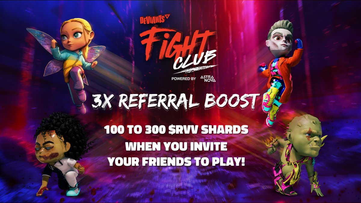 TheDeviantsNFT's tweet image. Calling all $RVV shards hoarders! 📣

Here’s your chance to earn more: 3x referral boost from Jan 10-16!

Recruit your friends to join the chaos in Deviants: Fight Club and get 300 $RVV shards for each user referred! 💥
 
More friends = more shards = more flex. 💎
 
Start…