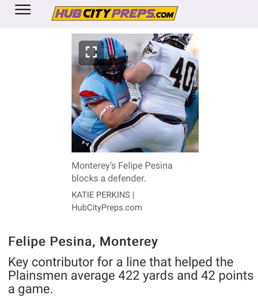 Monterey_Sports's tweet photo. Felipe Pesina- Offensive Line Second Team Hub City Prep https://t.co/cIbmjU4lmg