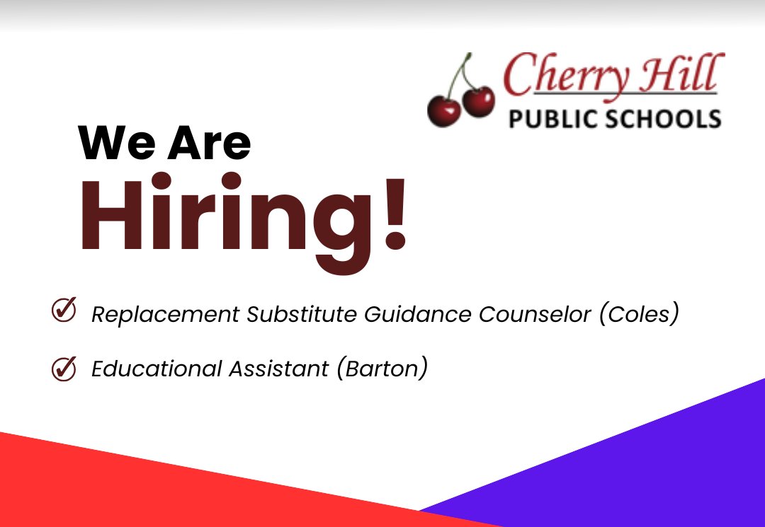 Now hiring:

Replacement Substitute Guidance Counselor
applitrack.com/cherryhill/onl…

Educational Assistant
applitrack.com/cherryhill/onl…