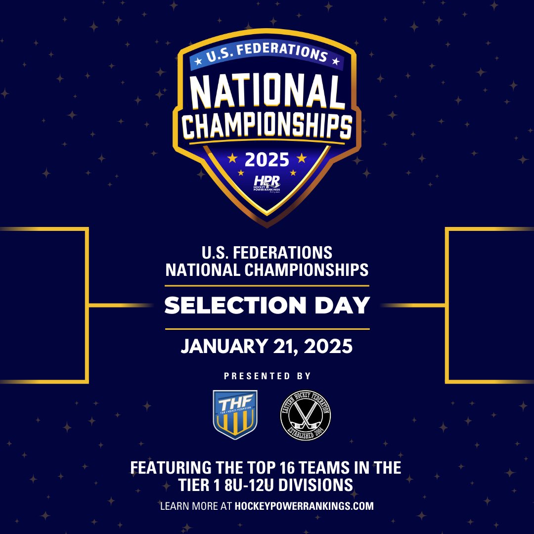 🗓️ Mark your calendars! On January 21, 2025, the top 16 Tier 1 teams in the 8U-12U divisions will be revealed for the U.S. Federations National Championships.

🌐 Learn more at HockeyPowerRankings.com.
.
.
.
#USFederations #NationalChampionships #SelectionDay #HPR #THF #EHF