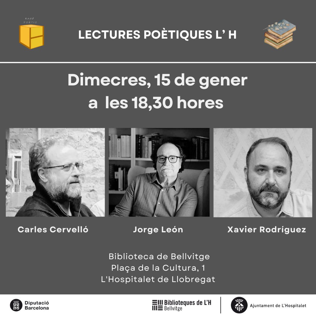 El proper dimecres, seré a la Biblioteca de Bellvitge llegint poemes del meu darrer llibre, 'Las consecuencias'.
Ho faré acompanyant el Carles Cervelló i el Jorge León Gustà, i sota el paraigua fraternal de Fco. Javier Solé Ribas i el seu Racó Poètic.

Us hi esperem.

📚🌿
