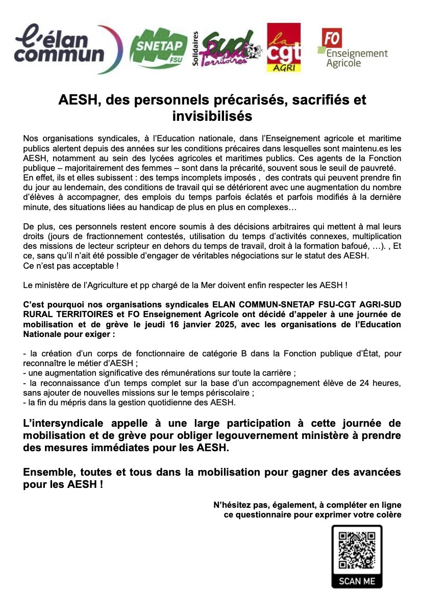 #AESH en grève dans l'#EnseignementAgricole Public le 16 janvier 2025 avec <a href="/snetapfsu/">SNETAP-FSU</a> Sud Rural Territoire, <a href="/AgriCgt/">CGT AGRI</a> <a href="/FOENSAGRI/">FO ENSEIGNEMENT AGRI</a>