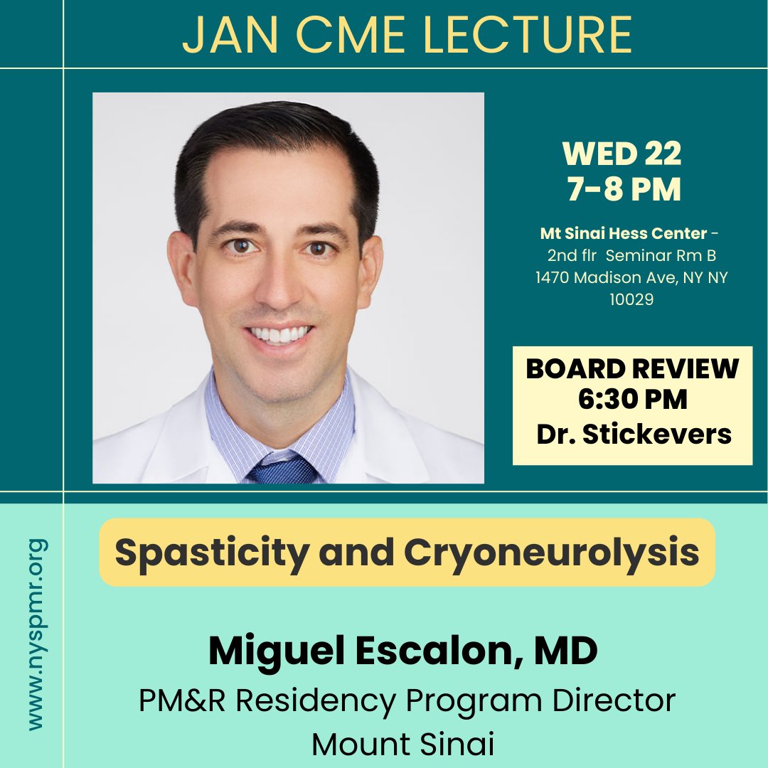 NYSPMR (@nyspmr) on Twitter photo Join us on Wed January 22 for our first CME lecture of 2025 🎉 We are happy to have <a href="/dr_escalon/">Dr. Miguel Escalon</a> Residency Program Director <a href="/MountSinaiRehab/">Mount Sinai Rehabilitation and Human Performance</a> Be sure to join us first for our Board Review with Dr. Stickevers at 6:30PM. details profile- nyspmr.org #pmr #physiatry Join us on Wed January 22 for our first CME lecture of 2025 🎉 We are happy to have <a href="/dr_escalon/">Dr. Miguel Escalon</a> Residency Program Director <a href="/MountSinaiRehab/">Mount Sinai Rehabilitation and Human Performance</a> Be sure to join us first for our Board Review with Dr. Stickevers at 6:30PM. details profile- nyspmr.org #pmr #physiatry