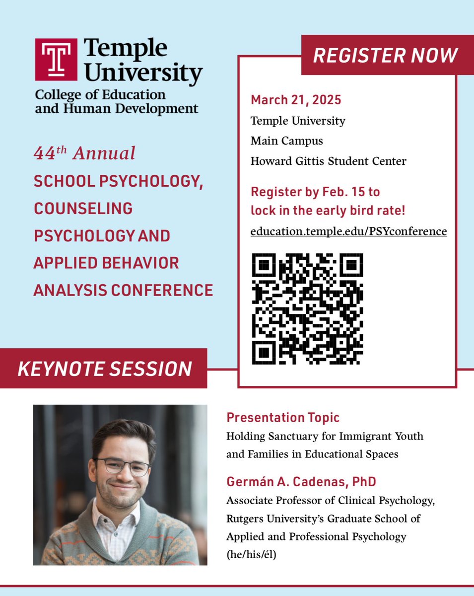 Rutgers Center for Youth Social Emotional Wellness (@cysew_rutgers) on Twitter photo Mark your calendars! Our associate director, GermĆ”n Cadenas, Ph.D., will be the keynote speaker at <a href="/TempleUniv/">Temple University</a>'s 44th Annual School Psychology, Counseling Psychology, and Applied Behavior Analysis Conference on March 21st, 2025. For further info, visit: education.temple.edu/schoolpsycholo⦠Mark your calendars! Our associate director, GermĆ”n Cadenas, Ph.D., will be the keynote speaker at <a href="/TempleUniv/">Temple University</a>'s 44th Annual School Psychology, Counseling Psychology, and Applied Behavior Analysis Conference on March 21st, 2025. For further info, visit: education.temple.edu/schoolpsycholoā¦