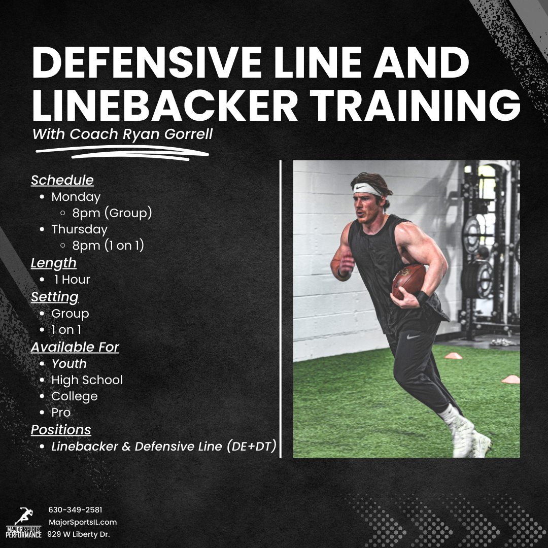 MajorSportsIL's tweet image. 🏈 Linebacker &amp;amp; Defensive Line Training with Coach Ryan Gorrell! 🏋️‍♂️💪

💥 DM or visit MajorSportsIL.com/defense to book!

#FootballTraining #LinebackerTraining #DefensiveLine #MajorSportsPerformance #TrainToWin #FootballSkills