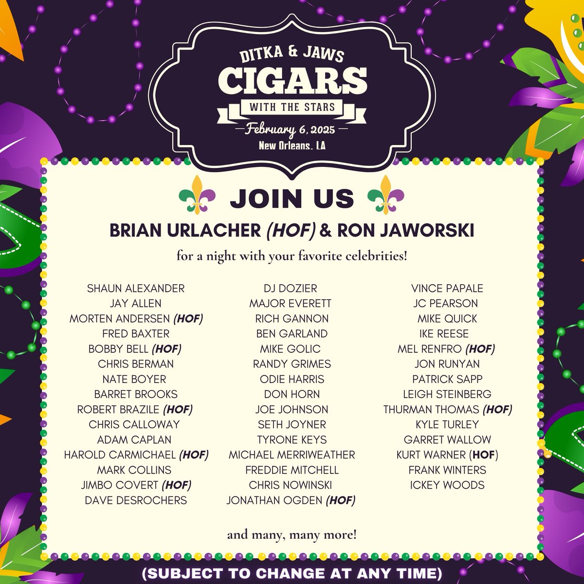 GridironGreats (@gridiron_greats) on Twitter photo Check out the celebs attending the 2025 Ditka Jaws Cigars with the Stars! We're excited for another star-studded event! Stay tuned for updates!
Tickets available at: DitkaJaws2025.eventbrite.com
<a href="/DitkaJawsCigars/">Ditka-Jaws Super Bowl Party New Orleans</a> #DitkasGridironGreats #Urlacher #RonJaworski <a href="/JawsYouthPlay/">Ron Jaworski's Foundation, Jaws Youth Playbook</a> #ditkajaws Check out the celebs attending the 2025 Ditka Jaws Cigars with the Stars! We're excited for another star-studded event! Stay tuned for updates!
Tickets available at: DitkaJaws2025.eventbrite.com
<a href="/DitkaJawsCigars/">Ditka-Jaws Super Bowl Party New Orleans</a> #DitkasGridironGreats #Urlacher #RonJaworski <a href="/JawsYouthPlay/">Ron Jaworski's Foundation, Jaws Youth Playbook</a> #ditkajaws