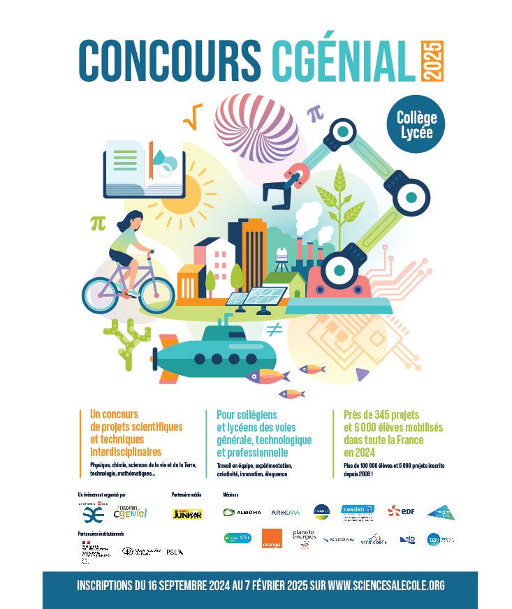 Fondation CGénial (@fond_cgenial) on Twitter photo 🏆 C’est officiel ! La finale nationale du #ConcoursCGénial2025, organisé avec <a href="/Sciences_Ecole/">Sciences à l'École</a> se tiendra à la <a href="/citedessciences/">citedessciences</a> à Paris, le 21 mai.
Les premières équipes sont déjà en action, mais vous pouvez encore vous inscrire. sciencesalecole.org/concours-cgeni…
#CGénial #ConcoursCGénial 🏆 C’est officiel ! La finale nationale du #ConcoursCGénial2025, organisé avec <a href="/Sciences_Ecole/">Sciences à l'École</a> se tiendra à la <a href="/citedessciences/">citedessciences</a> à Paris, le 21 mai.
Les premières équipes sont déjà en action, mais vous pouvez encore vous inscrire. sciencesalecole.org/concours-cgeni…
#CGénial #ConcoursCGénial