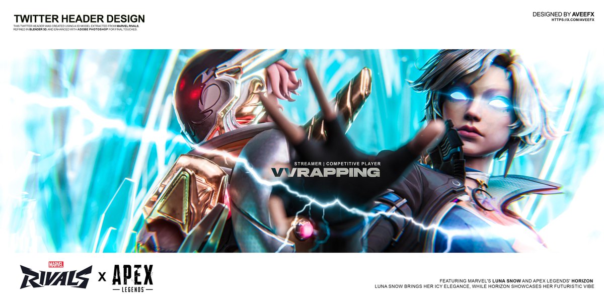 Just finished a Twitter header featuring Marvel's Luna Snow and Apex Legends' Horizon! ❄️✨

For <a href="/VVrapping/">R9 VVrapping</a> 
Commissioned by <a href="/xSlappita/">slappita</a> 
#LunaSnow #ApexLegendsfanart #3dart