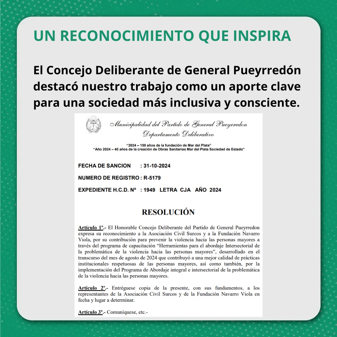 SurcosOrg's tweet image. Reconocimiento a Surcos y Fundación Navarro Viola

El Honorable Concejo Deliberante de General Pueyrredon nos distinguió por nuestro compromiso en la prevención de la violencia hacia las personas mayores. 🌟