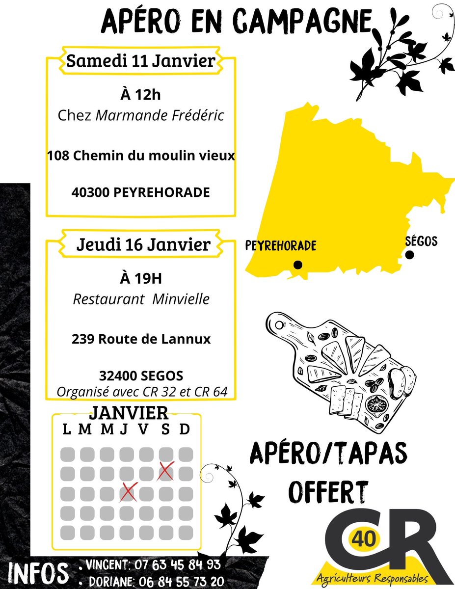 coordinationrur's tweet photo. 🟡 RENDEZ-VOUS CE SOIR DANS LE #GERS OU DANS LES #LANDES
👉 #CR32 à 19h
👉 #CR40 à 12h (et jeudi 16 janvier à 19h)
L'occasion de se retrouver entre agriculteurs et agricultrices autour de produits locaux, pour discuter des enjeux de notre métier !
Pour connaître les apéros de campagne de vos départements, rendez-vous sur leur page Facebook.
#CoordinationRurale #AgriculteursEnColère #AgricultureEnDanger #CriseAgricole  #AgricultureFrançaise #UrgenceAgricole #CR #bonsenspaysan #levoteutile