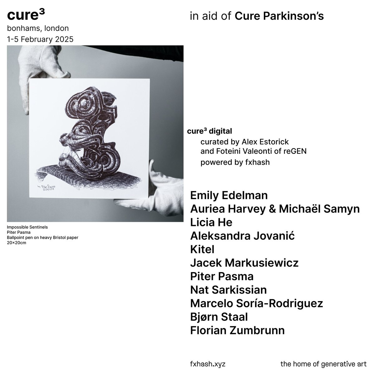 thrilled to announce we're back for Cure³ 2025! 💖

for the second time, genart on fxhash will contribute directly to the renowned art fundraiser supporting Cure Parkinson's

— this year featuring a roster of 11 outstanding generative artists 🧵
<a href="/Cure3Exhibition/">Cure3</a> <a href="/CureParkinsonsT/">Cure Parkinson's</a>