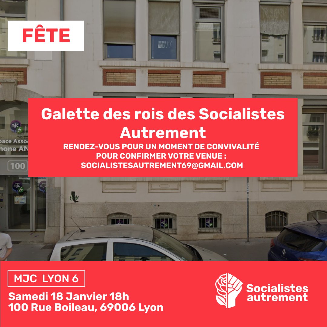 🌹 Les Socialistes Autrement vous invitent à partager la galette des rois 🥮 !

📅 Samedi 18 janvier, 18h
📍 MJC Lyon 6

Un moment convivial pour échanger autour de nos valeurs de solidarité et de justice sociale. Ouvert à toutes et tous !

#SocialistesAutrement #galettedesrois