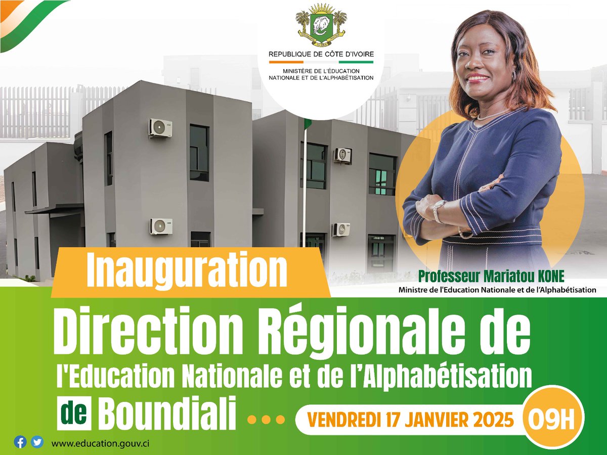Après Aboisso, Adzopé et Odienné, la DRENA de Boundiali ouvre ses portes ce vendredi 17 janvier 2025 à 9h. Une étape clé pour renforcer l’éducation dans la région ! #Éducation #Boundiali