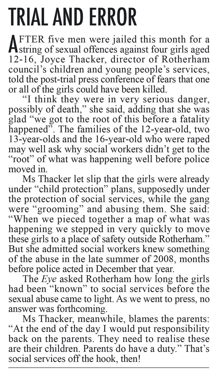 PrivateEyeNews's tweet photo. Back in 2010 (Eye 1276), we reported on the appalling child protection failures in Rotherham that allowed grooming gangs to thrive. 

Many more articles in Rotten Boroughs over the years since have criticised and kept tabs on the senior council and police officers who had sought to minimise evidence of large-scale abuse.