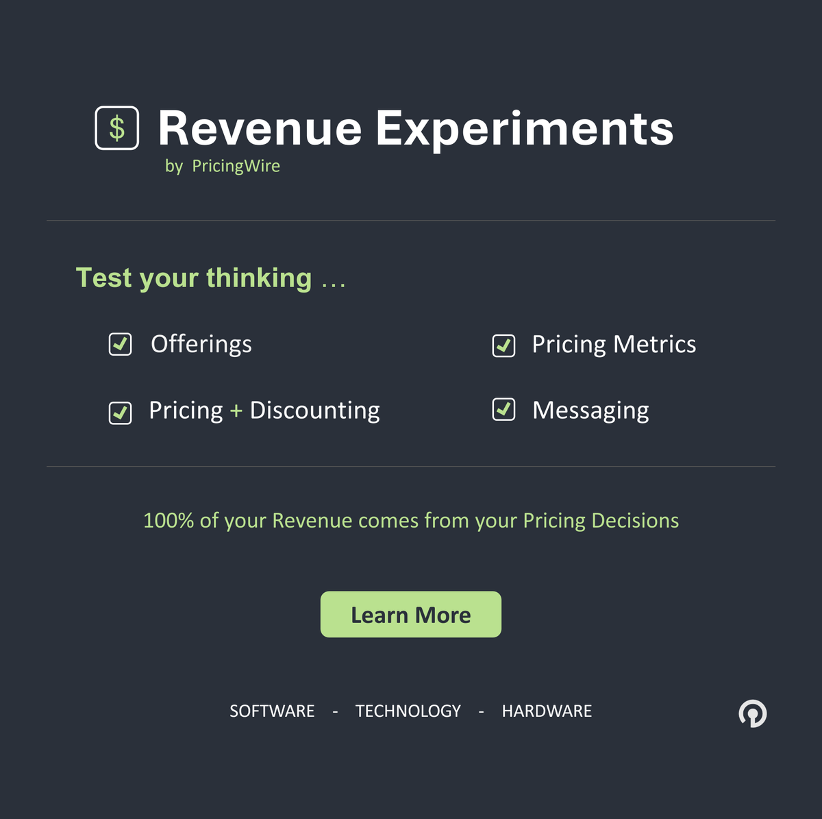 ** 
ABE - Always Be Experimenting 

- Experiments are confidential 

- Only limited select individuals will participate 

- This is focused on B2B / B2G for $30k+ ACV 

- Confidently begin experimenting in less than 10-days 

calendly.com/pricingwire/30…