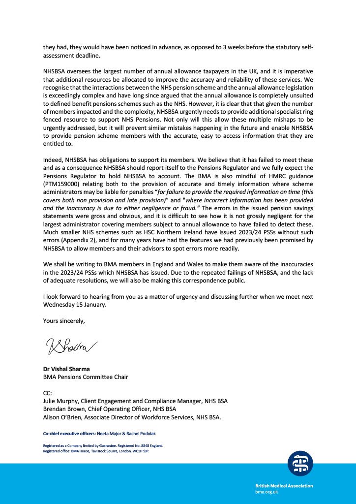 TheBMA's tweet image. The BMA has called for @NHSBSA to self report to its regulator @TPRgovuk over repeated failings and maladministration in relation to #AnnualAllowance.
 
Read our letter to @michaelkbrodie below