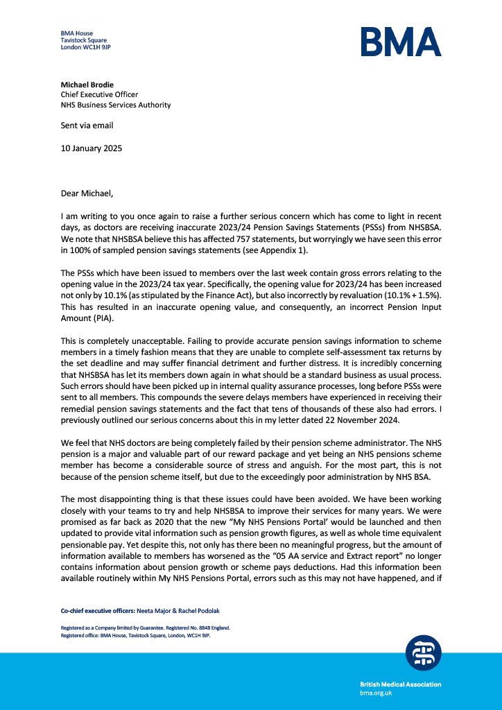 TheBMA's tweet image. The BMA has called for @NHSBSA to self report to its regulator @TPRgovuk over repeated failings and maladministration in relation to #AnnualAllowance.
 
Read our letter to @michaelkbrodie below