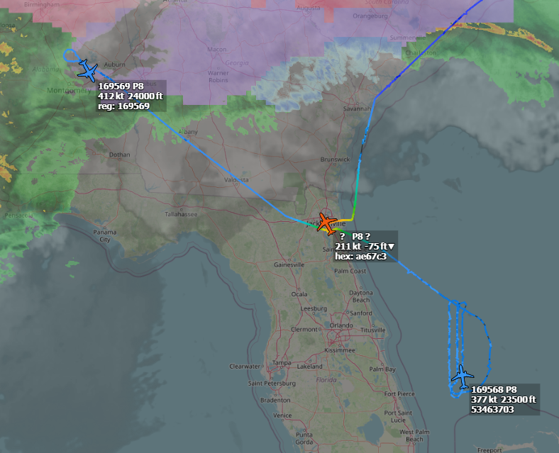 SR_Planespotter's tweet photo. P-8A 169568 is using AAS off the coast of florida, and P-8A 169569 seems to be having trouble getting through the storm?

#AE5F51 #AE5F52 https://t.co/JDhiohTTIG
