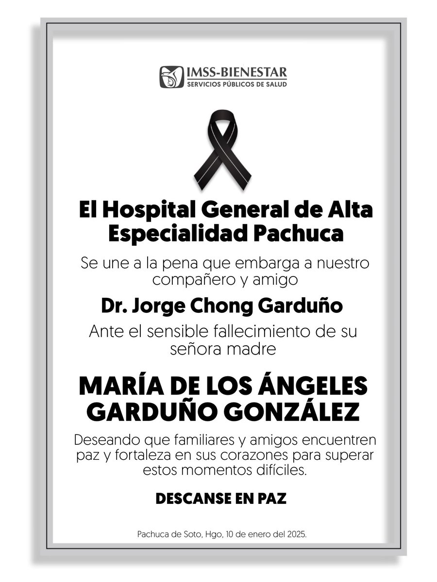El #HGAEP se une a la pena que embarga a nuestro compañero y amigo DR. JORGE CHONG GARDUÑO ante el sensible fallecimiento de su sra. madre MARÍA DE LOS ÁNGELES GARDUÑO GONZÁLEZ , deseando que su familia encuentre paz y fortaleza para superar estos momentos difíciles.