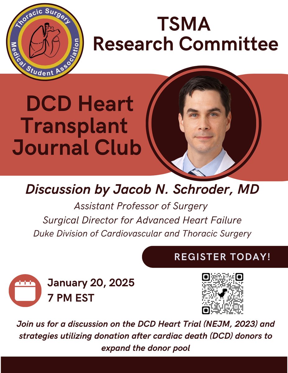 TSMA (@thoracicstudent) on Twitter photo Join us on Jan 20th at 7pm for our next TSMA journal club with <a href="/JacobNiall/">Jacob Niall Schroder</a> of <a href="/DukeCTSurgery/">DukeCTSurgery</a> for a discussion of the Donors after Circulatory Death Heart Trial! 🫀
Hosted by the TSMA Research Committee: <a href="/AliceLiZhou/">Alice Zhou</a> <a href="/BuchwaldJuli/">Juli Buchwald</a> <a href="/isaacofaith/">Isaac Faith</a> <a href="/BusraCangutMD/">Busra Cangut, MD, MS</a> & Jack Donaghue Join us on Jan 20th at 7pm for our next TSMA journal club with <a href="/JacobNiall/">Jacob Niall Schroder</a> of <a href="/DukeCTSurgery/">DukeCTSurgery</a> for a discussion of the Donors after Circulatory Death Heart Trial! 🫀
Hosted by the TSMA Research Committee: <a href="/AliceLiZhou/">Alice Zhou</a> <a href="/BuchwaldJuli/">Juli Buchwald</a> <a href="/isaacofaith/">Isaac Faith</a> <a href="/BusraCangutMD/">Busra Cangut, MD, MS</a> & Jack Donaghue