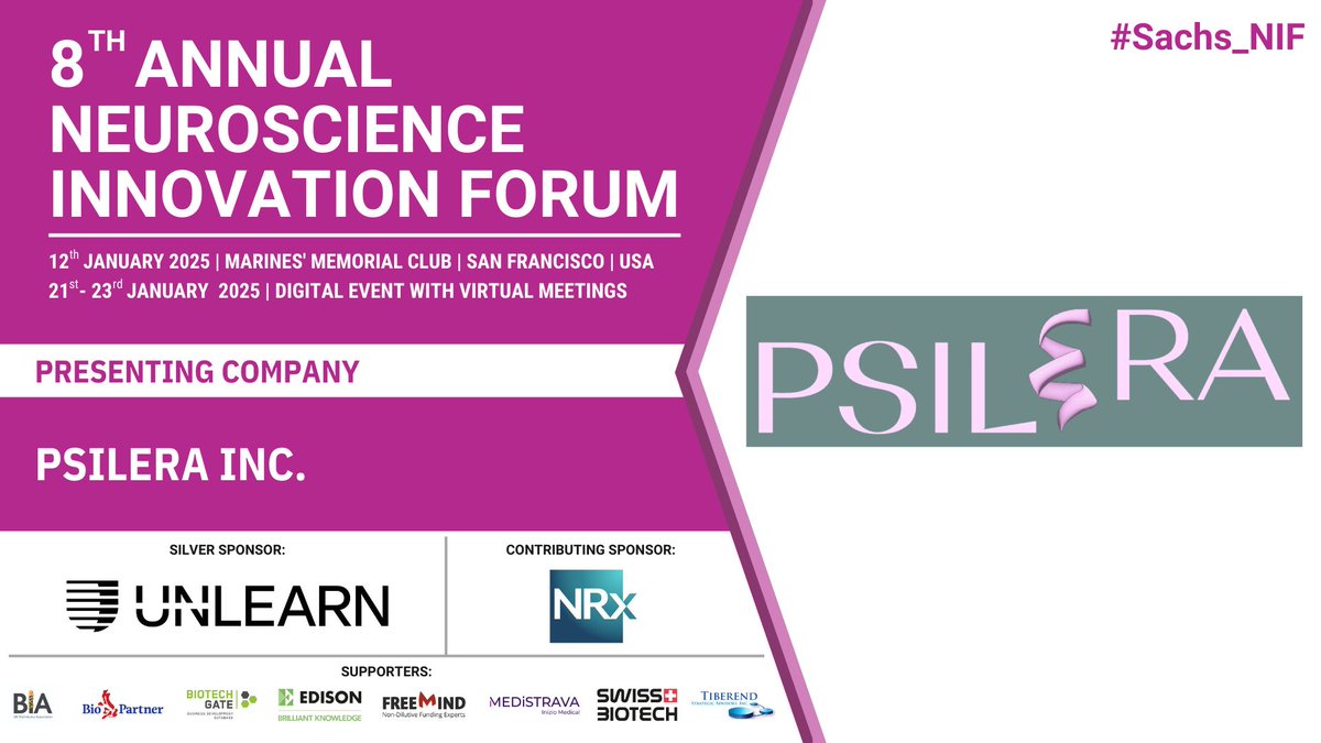 Don't miss the latest data from PSIL-006 being presented at #Sachs_NIF this Sunday January 12th in San Francisco! 

<a href="/psilera/">Psilera</a>  will be in the Bay Area through Thursday if you would like to discuss our symptomatic treatment for FTD.

#FTD #DrugDiscovery #Innovation #MinfulMedicine