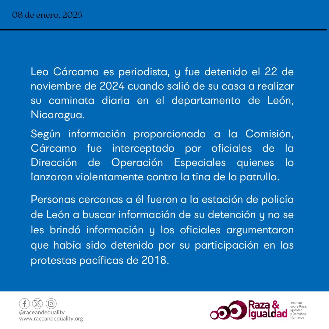 #Nicaragua 🇳🇮 La <a href="/CorteIDH/">Corte Interamericana de Derechos Humanos</a> otorgó medidas urgentes al periodista nicaragüense Leo Cárcamo, quien se encuentra en desaparición forzada desde noviembre de 2024.