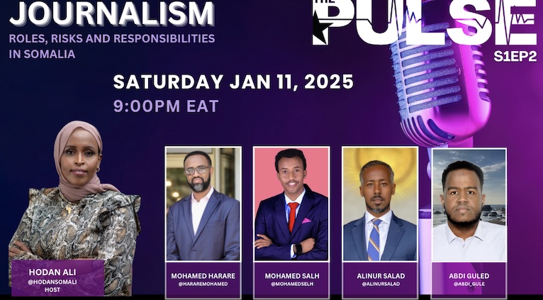 JOIN US FOR S1EP2 - This week we will discuss the role of media in Somalia at this critical time and in an age of massive misinformation, disinformation. 

We are pleased to have seasoned Somali Journalists <a href="/HarareMohamed/">Mohamed Harare</a> <a href="/MohamedSelh/">Mohamed Salh</a> <a href="/AlinurSalaad/">AliNur Salaad</a> <a href="/Abdi_Guled/">Abdi Guled</a> 

The focus will be