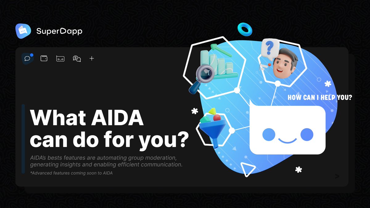 SuperDappAI's tweet image. With AIDA, the possibilities are endless. 🚀

Let your personal AI Agent handle the hard work while you focus on what matters the most: building and growing your own community as you wish. 😉

It&apos;s all at Web.SuperDapp.ai. Explore what AIDA can do, today.