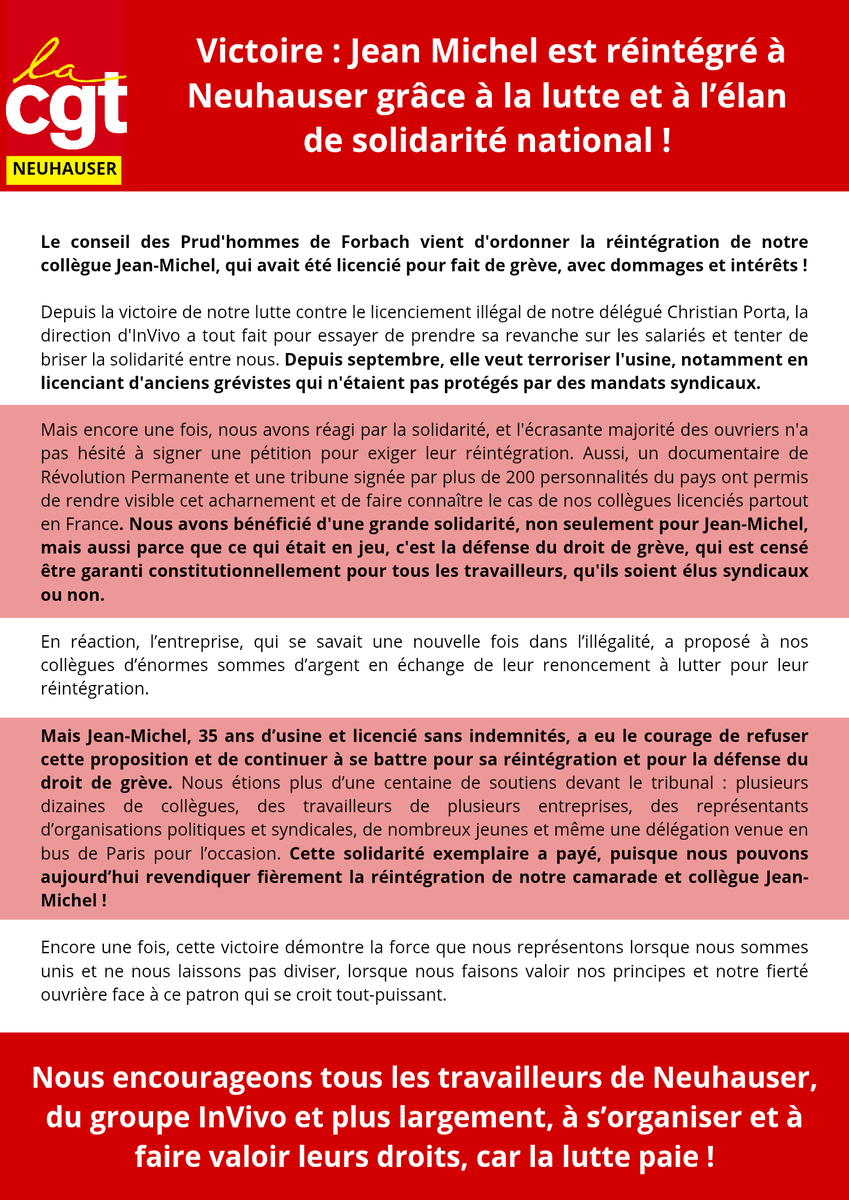 CgtInvivo's tweet photo. Victoire : Jean Michel est réintégré à Neuhauser grâce à la lutte et à l’élan de solidarité national face au géant de l'agro-business InVivo ! https://t.co/x95xjGg24D