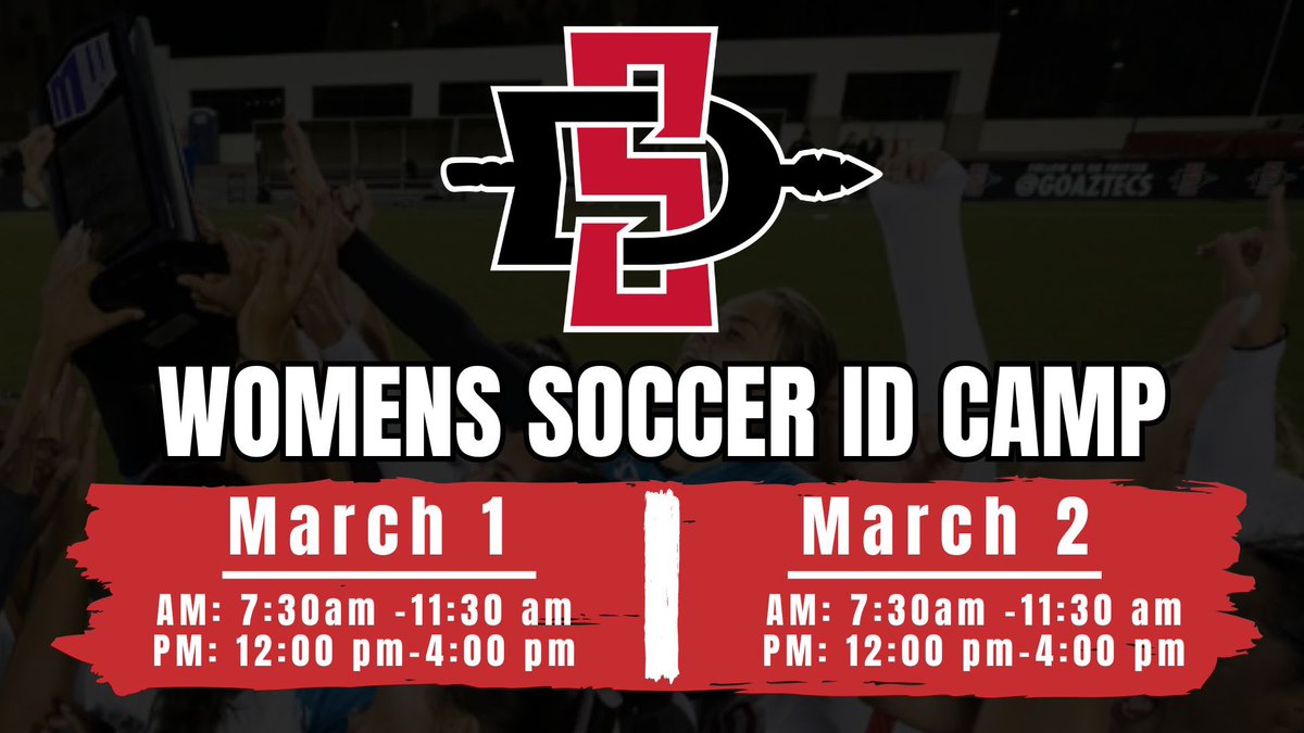 We will be having 4 single day ID Camps this spring! Each date has a morning and afternoon session. Open to all 8th grade-college transfers. Spots are limited and have sold out the last couple of years. Sign up today at aztecwomenssoccercamps.com/shop/EVENT for your chance to become an Aztec!