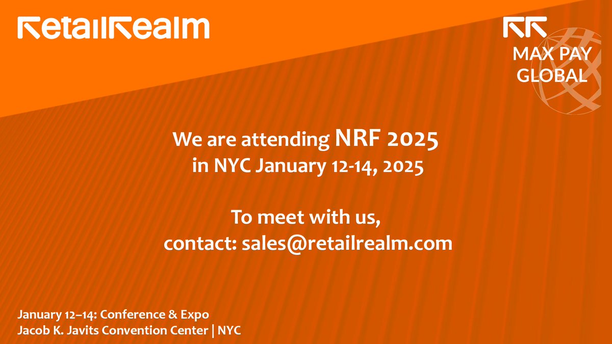 Retail Realm (@rrdistiusa) on Twitter photo Retail Realm is in New York City for the NRF’s Conference from January 12-15
To meet with us, contact sales@retailrealm.com
We hope to see you there!
#NRF2025 #ecommerce #PaymentSolutions #MicrosoftDynamics365 #RetailTech
#IntegratedPayments #AutomatedReconciliation #sensepass Retail Realm is in New York City for the NRF’s Conference from January 12-15
To meet with us, contact sales@retailrealm.com
We hope to see you there!
#NRF2025 #ecommerce #PaymentSolutions #MicrosoftDynamics365 #RetailTech
#IntegratedPayments #AutomatedReconciliation #sensepass
