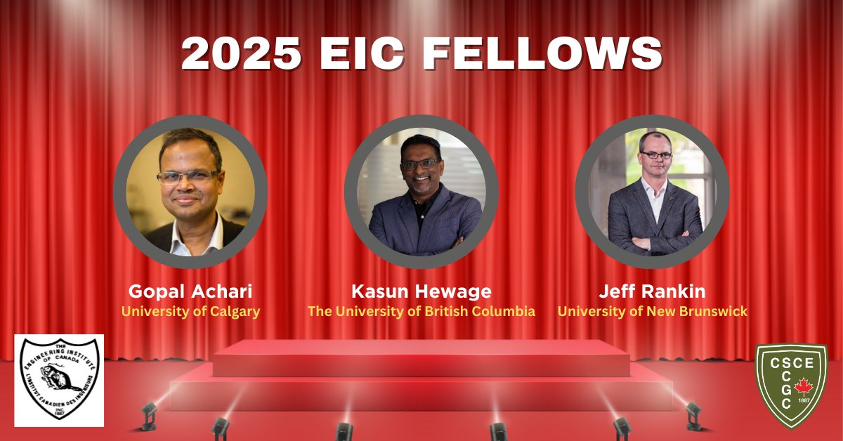 CSCE | SCGC (@csce_scgc) on Twitter photo Congrats to our CSCE members who will be inducted as EIC Fellows in 2025!
-Gopal Achari (CSCE Past-President) <a href="/SchulichENGG/">Schulich Engineering</a>
-Kasun Hewage <a href="/ubccivil/">UBC Civil Engineering</a> <a href="/ubcengineering/">UBC Engineering</a>
- Jeff Rankin (CSCE President-Elect) <a href="/UNBEngineering/">UNB Engineering</a>
Details about the 2025 EIC Awards: eic-ici.ca/honours_awards/ Congrats to our CSCE members who will be inducted as EIC Fellows in 2025!
-Gopal Achari (CSCE Past-President) <a href="/SchulichENGG/">Schulich Engineering</a>
-Kasun Hewage <a href="/ubccivil/">UBC Civil Engineering</a> <a href="/ubcengineering/">UBC Engineering</a>
- Jeff Rankin (CSCE President-Elect) <a href="/UNBEngineering/">UNB Engineering</a>
Details about the 2025 EIC Awards: eic-ici.ca/honours_awards/