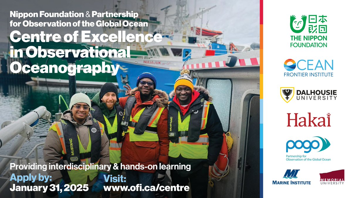 Ocean Frontier Institute (@oceanfrontier) on Twitter photo 🌊International ocean scholars can apply now for the next cohort of the Centre of Excellence in Observational Oceanography, founded by <a href="/NipponZaidan/">日本財団</a> & supported by <a href="/POGO_Ocean/">POGO</a>!
Learn more➡ ofi.ca/centre
Hosted by <a href="/OceanFrontier/">Ocean Frontier Institute</a>, <a href="/HakaiInstitute/">Hakai Institute</a>, & <a href="/marineinstitute/">Marine Institute, Memorial University</a> 🌊International ocean scholars can apply now for the next cohort of the Centre of Excellence in Observational Oceanography, founded by <a href="/NipponZaidan/">日本財団</a> & supported by <a href="/POGO_Ocean/">POGO</a>!
Learn more➡ ofi.ca/centre
Hosted by <a href="/OceanFrontier/">Ocean Frontier Institute</a>, <a href="/HakaiInstitute/">Hakai Institute</a>, & <a href="/marineinstitute/">Marine Institute, Memorial University</a>