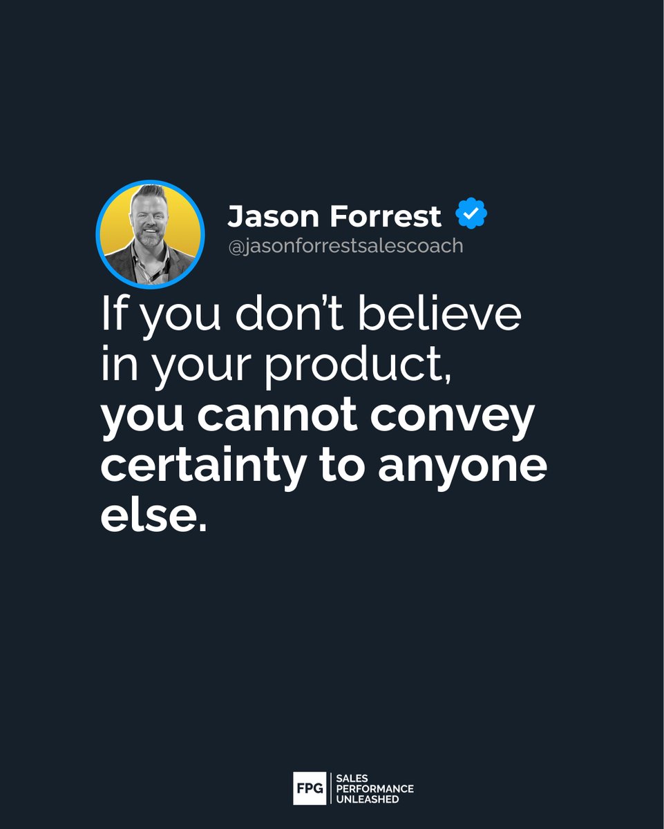 UnleashedFPG's tweet image. 🔥 Stop Leaving Money on the Table!

Your energy, actions, and words communicate far more than your product ever will. If you aren’t convinced your solution is THE answer, your prospect won’t be either.

#FPG #JasonForrest