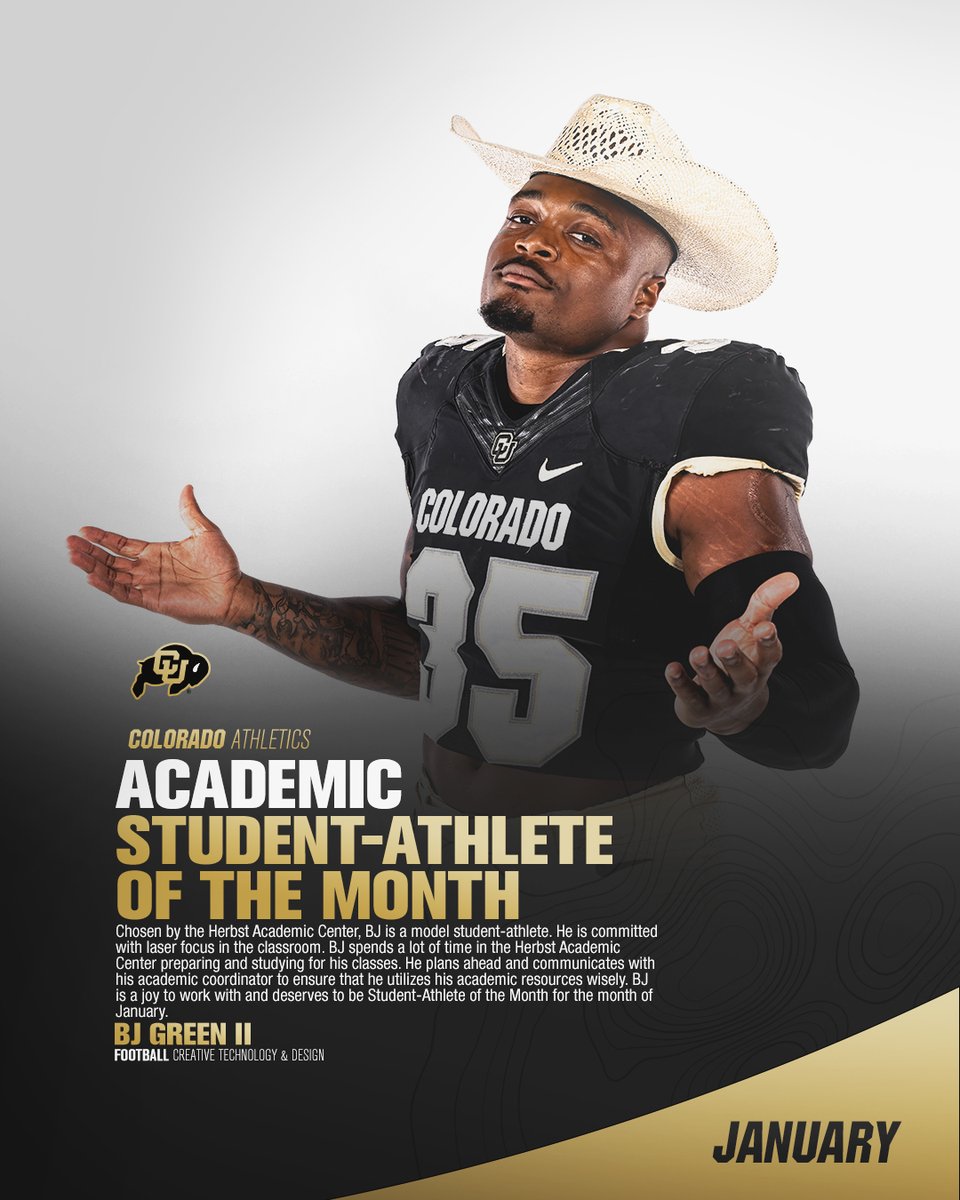HerbstAcademicCenter (@buffshacademics) on Twitter photo Congratulations to BJ Green III <a href="/bjgreenII/">𝘽𝙅 𝙂𝙧𝙚𝙚𝙣 Ⅱ</a> for being selected as one of our Herbst Academic Center student-athletes of the month for January!
<a href="/CUBuffsFootball/">Colorado Buffaloes Football</a>
@cubuffslead
@nfoura12 #HACademcis #GoBuffs #STUDENTathlete Congratulations to BJ Green III <a href="/bjgreenII/">𝘽𝙅 𝙂𝙧𝙚𝙚𝙣 Ⅱ</a> for being selected as one of our Herbst Academic Center student-athletes of the month for January!
<a href="/CUBuffsFootball/">Colorado Buffaloes Football</a>
@cubuffslead
@nfoura12 #HACademcis #GoBuffs #STUDENTathlete
