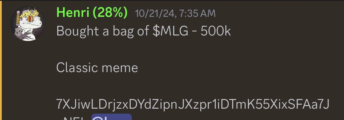 henri_sol's tweet image. Called out $MLG in @CryptoClubG in October at 500k

Sold for a 25x thinking I was smart

I owned about 0.8% of supply

$700,000 fumble, can’t win them all 🤷‍♂️