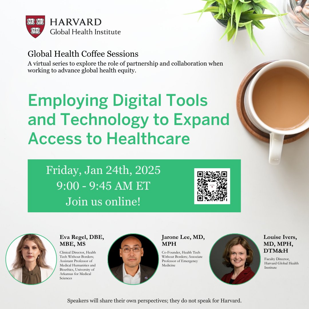 Join us for Employing Digital Tools and Technology to Expand Access to Healthcare! 

📅 Jan 24, 2025
🕘 9–9:45 AM ET
🎤 With <a href="/JaroneLeeMD/">Jarone Lee, MD MPH</a> &amp; Dr. Eva Regel
Moderated by <a href="/drlouiseivers/">Lotbo</a> 
💻 Open to the public

Register: bit.ly/HGHI-Digital-T…