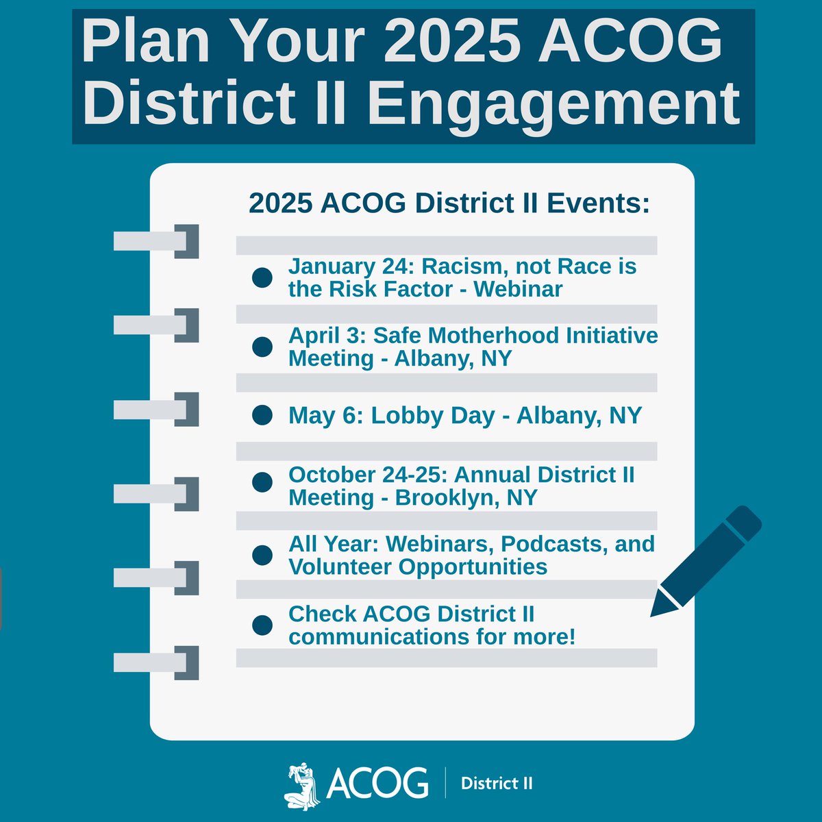 Happy New Year! 🎆 How do you plan to engage with ACOG District II in 2025?

Whether you are new to District II or a longtime active member, we encourage you to participate in our events this year. Contact info@ny.acog.org for more information! 

Join us in 2025! 🌟